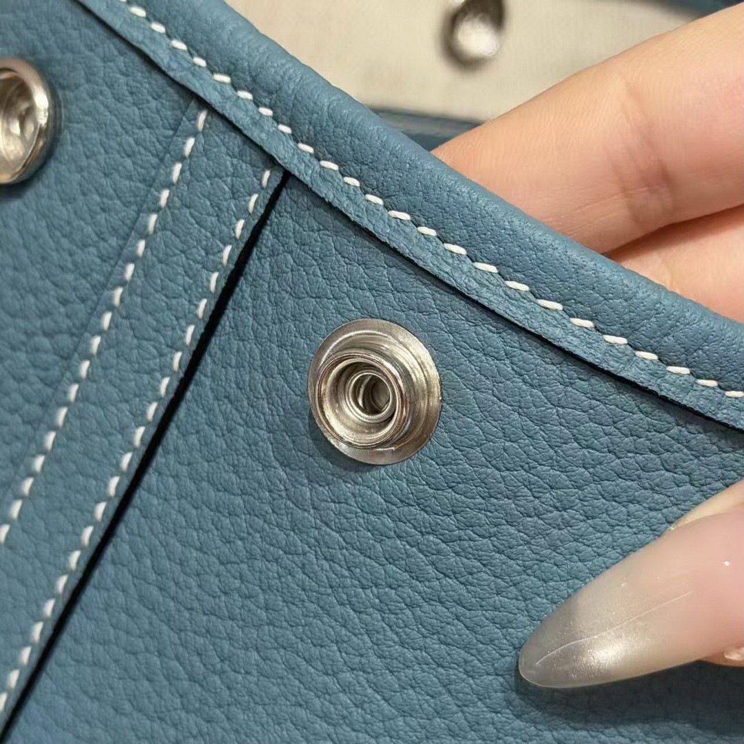 Hermes Neo Garden Party 23 Bag Handmade In Negonda Calfskin Leather Silver Hardware 75 Blue Jean - Image 6