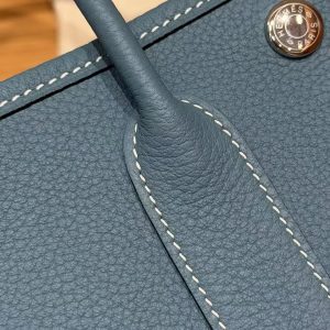 Hermes Neo Garden Party 23 Bag Handmade In Negonda Calfskin Leather Silver Hardware 75 Blue Jean - Image 3