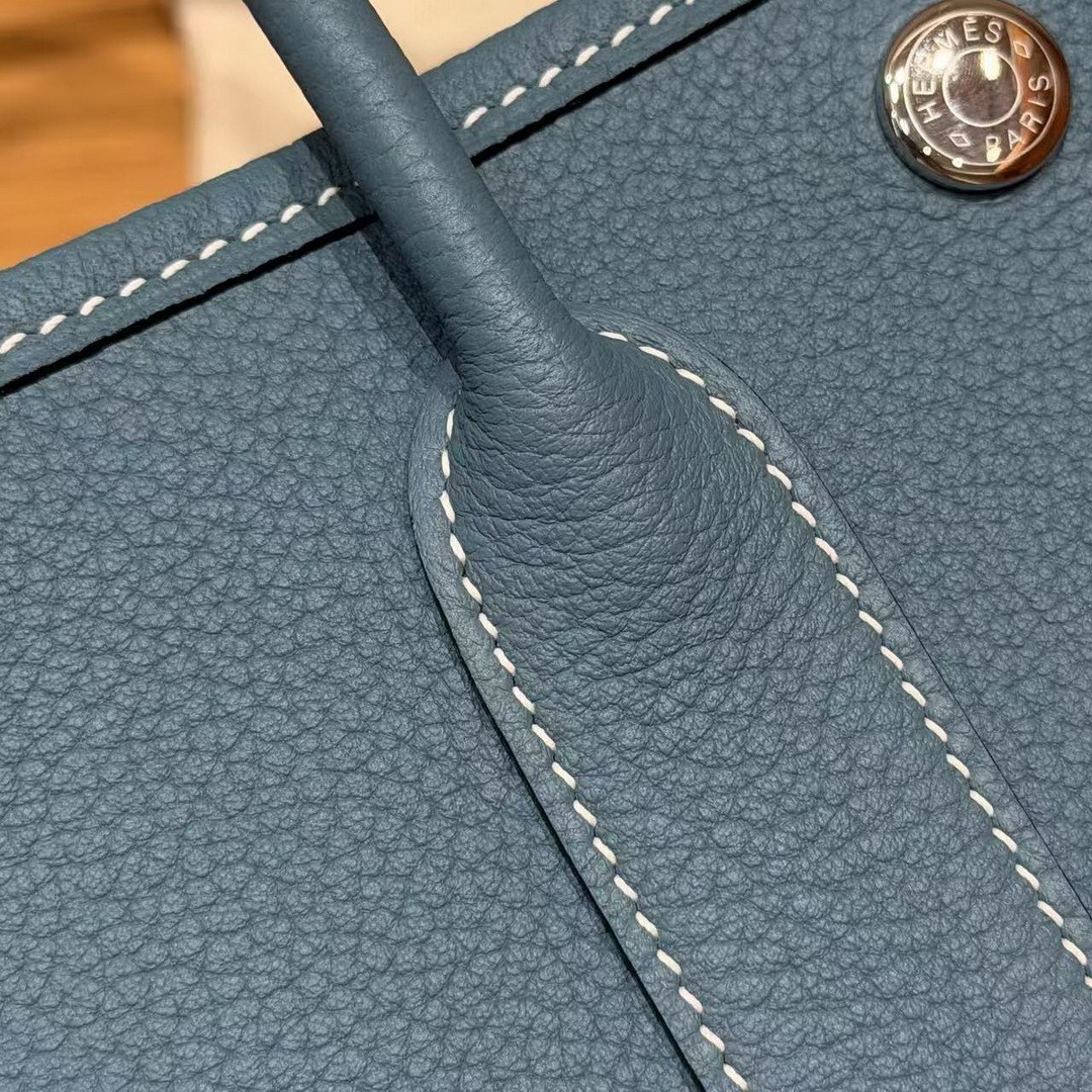 Hermes Neo Garden Party 23 Bag Handmade In Negonda Calfskin Leather Silver Hardware 75 Blue Jean - Image 3