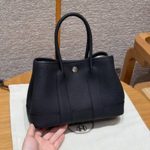 Hermes Neo Garden Party 23 Bag Handmade In Negonda Calfskin Leather Silver Hardware 89 Noir