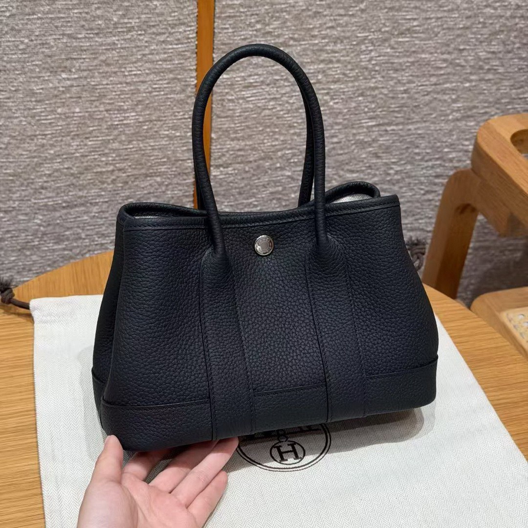 Hermes Neo Garden Party 23 Bag Handmade In Negonda Calfskin Leather Silver Hardware 89 Noir