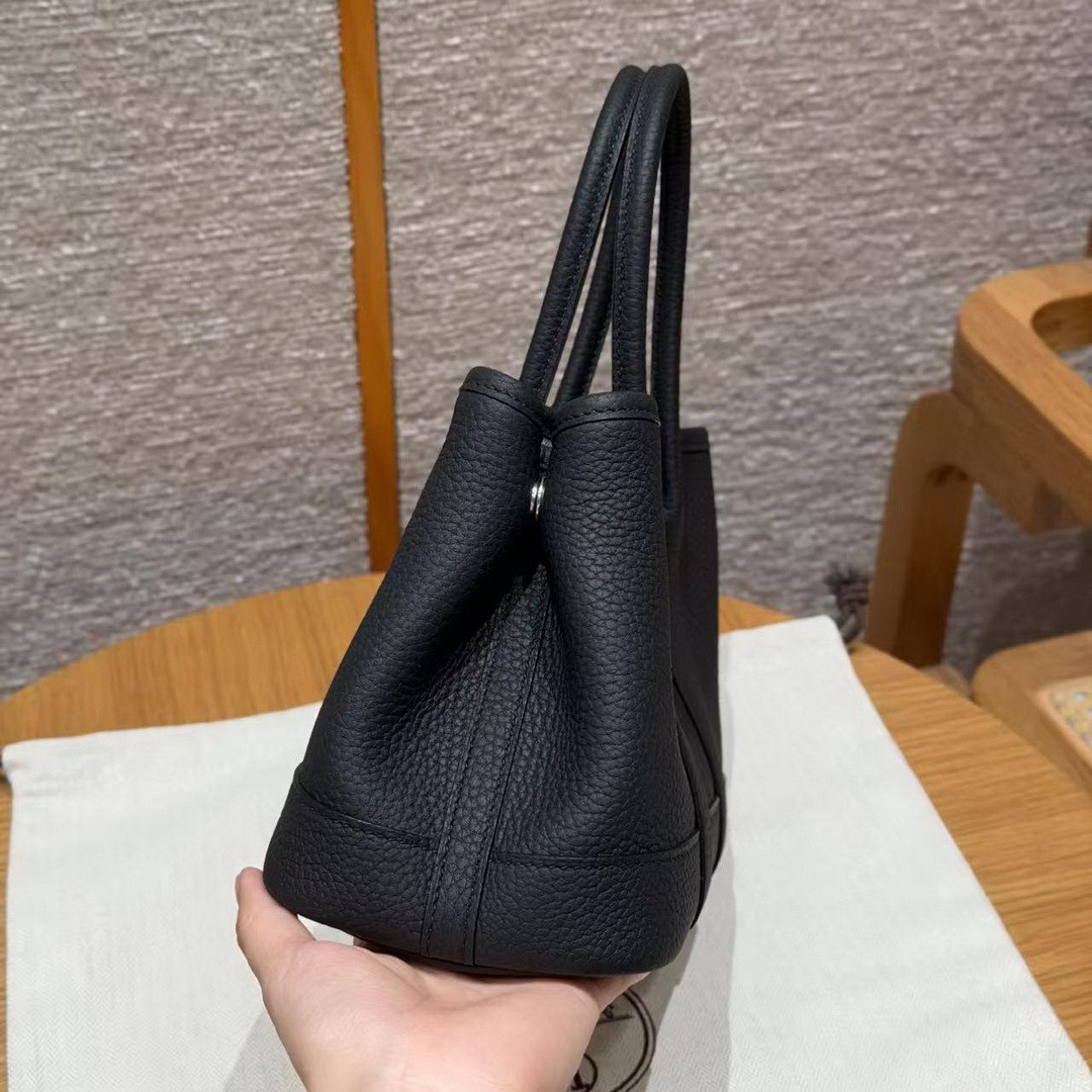 Hermes Neo Garden Party 23 Bag Handmade In Negonda Calfskin Leather Silver Hardware 89 Noir - Image 27