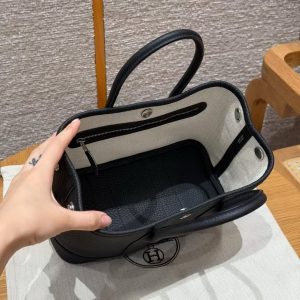 Hermes Neo Garden Party 23 Bag Handmade In Negonda Calfskin Leather Silver Hardware 89 Noir - Image 24