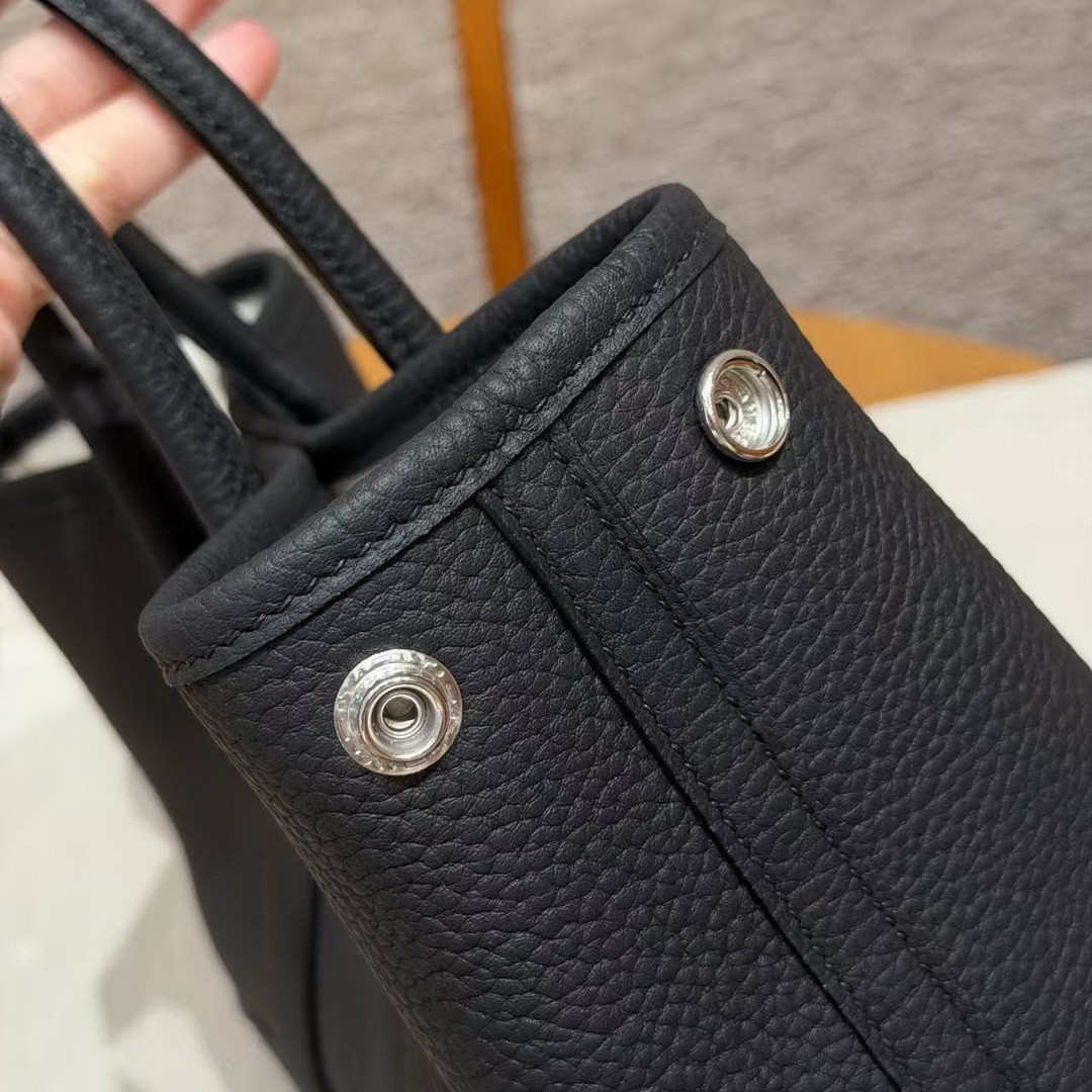 Hermes Neo Garden Party 23 Bag Handmade In Negonda Calfskin Leather Silver Hardware 89 Noir - Image 18