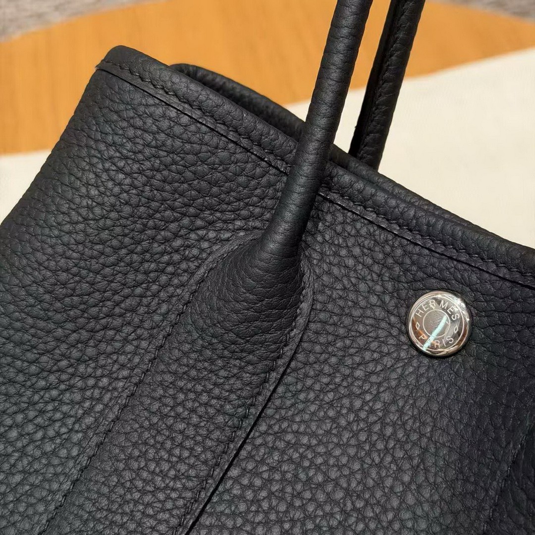 Hermes Neo Garden Party 23 Bag Handmade In Negonda Calfskin Leather Silver Hardware 89 Noir - Image 15