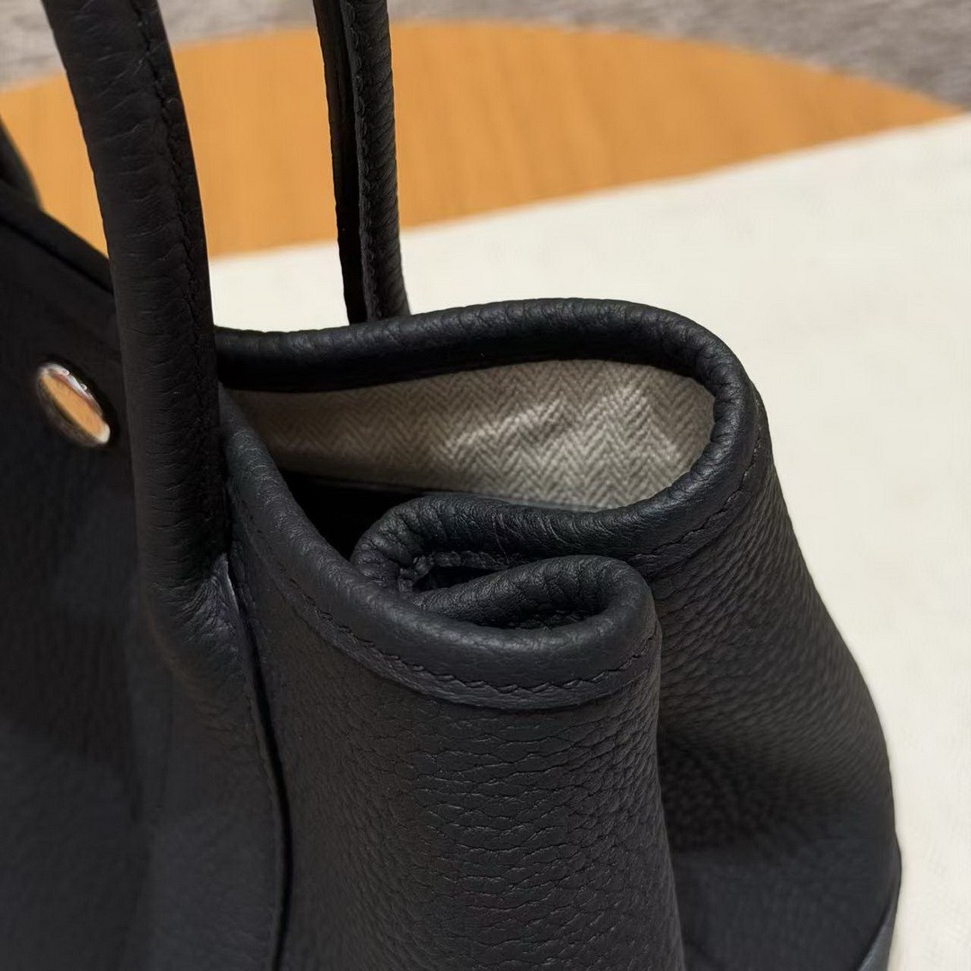 Hermes Neo Garden Party 23 Bag Handmade In Negonda Calfskin Leather Silver Hardware 89 Noir - Image 14