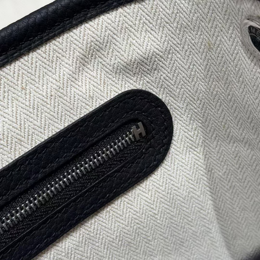 Hermes Neo Garden Party 23 Bag Handmade In Negonda Calfskin Leather Silver Hardware 89 Noir - Image 12