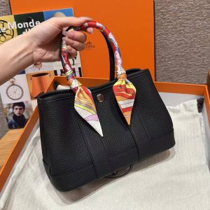 Hermes Neo Garden Party 23 Bag Handmade In Negonda Calfskin Leather Silver Hardware 89 Noir - Image 5