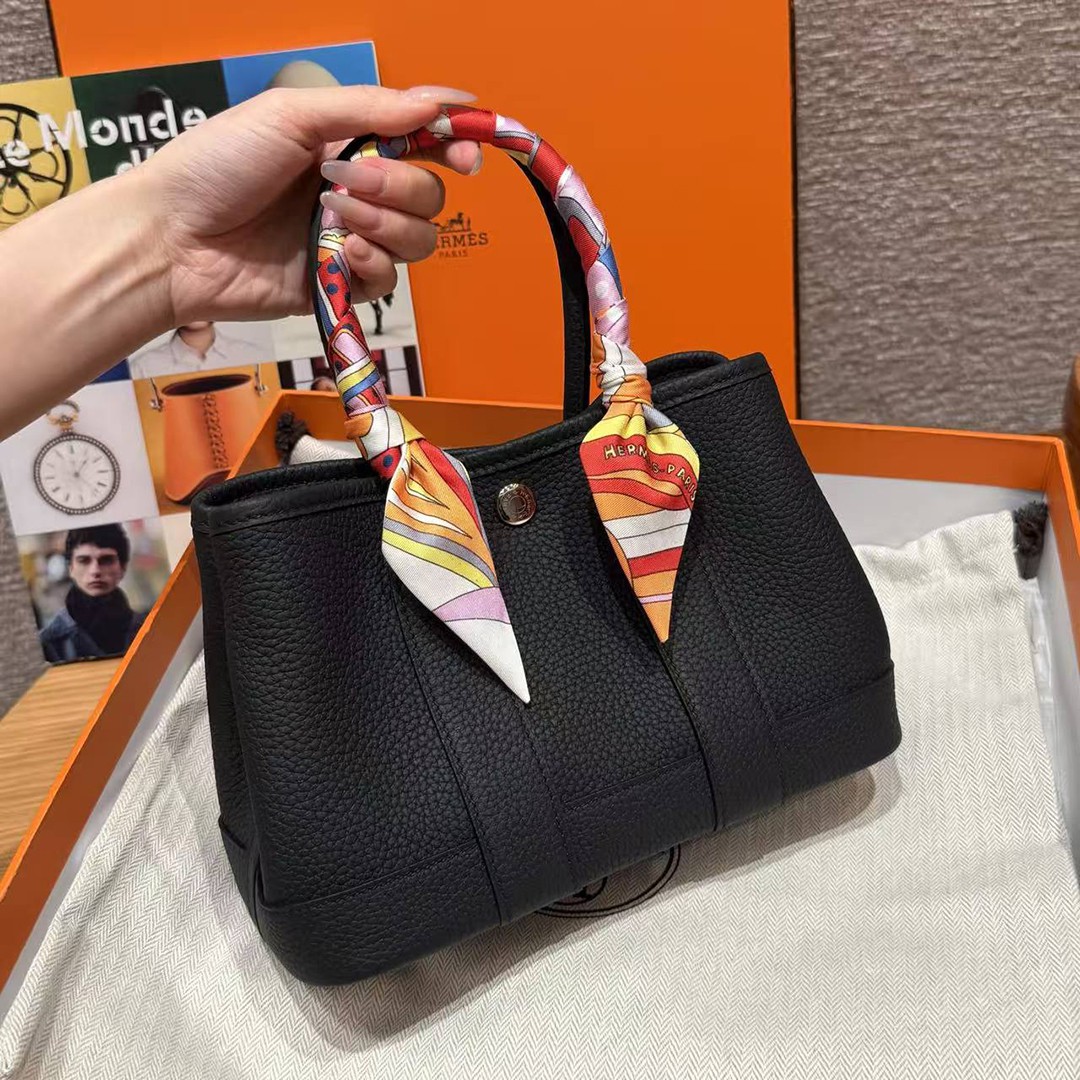 Hermes Neo Garden Party 23 Bag Handmade In Negonda Calfskin Leather Silver Hardware 89 Noir - Image 5