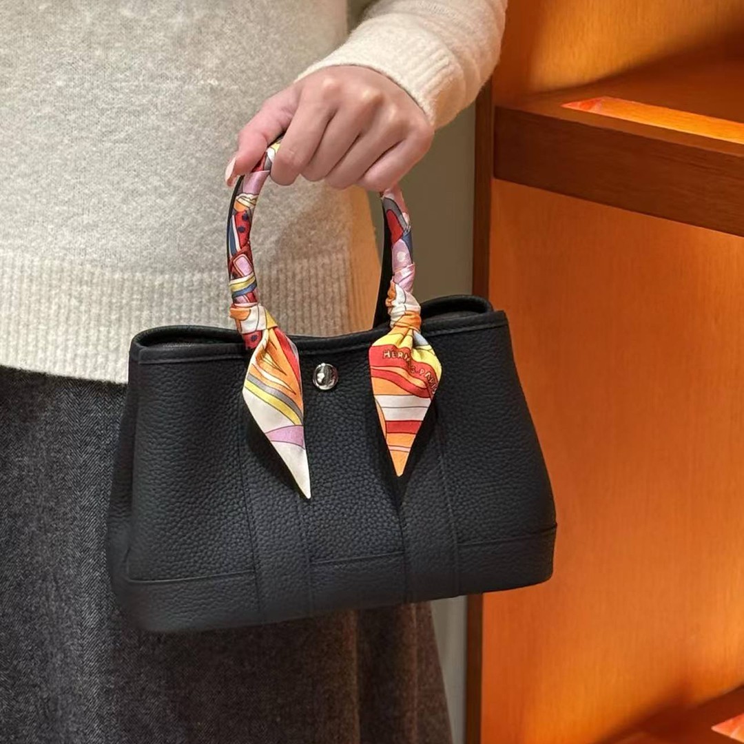 Hermes Neo Garden Party 23 Bag Handmade In Negonda Calfskin Leather Silver Hardware 89 Noir - Image 3
