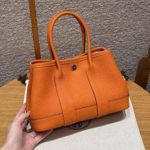 Hermes Neo Garden Party 23 Bag Handmade In Negonda Calfskin Leather Silver Hardware 93 Orange