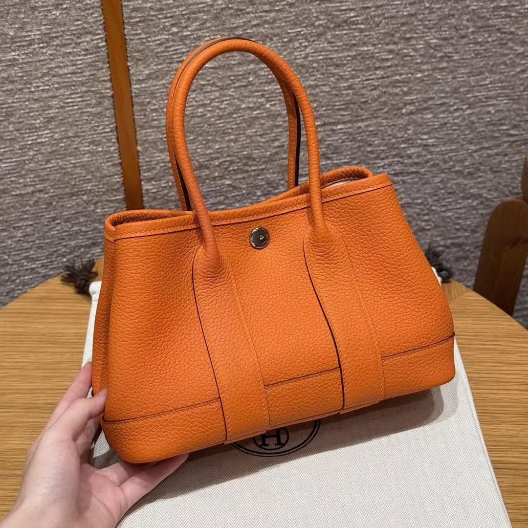 Hermes Neo Garden Party 23 Bag Handmade In Negonda Calfskin Leather Silver Hardware 93 Orange