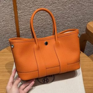 Hermes Neo Garden Party 23 Bag Handmade In Negonda Calfskin Leather Silver Hardware 93 Orange - Image 2