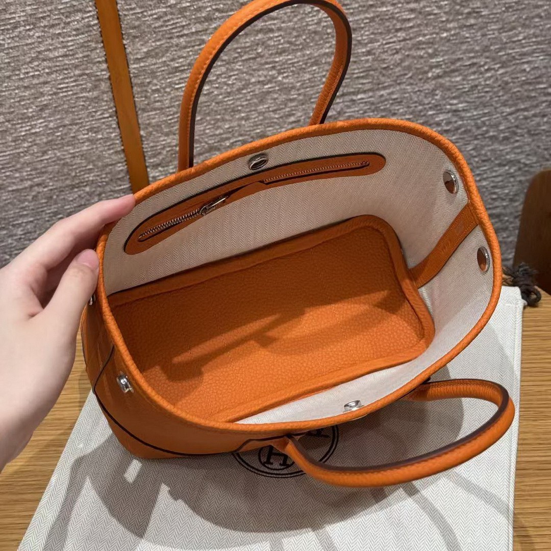Hermes Neo Garden Party 23 Bag Handmade In Negonda Calfskin Leather Silver Hardware 93 Orange - Image 11