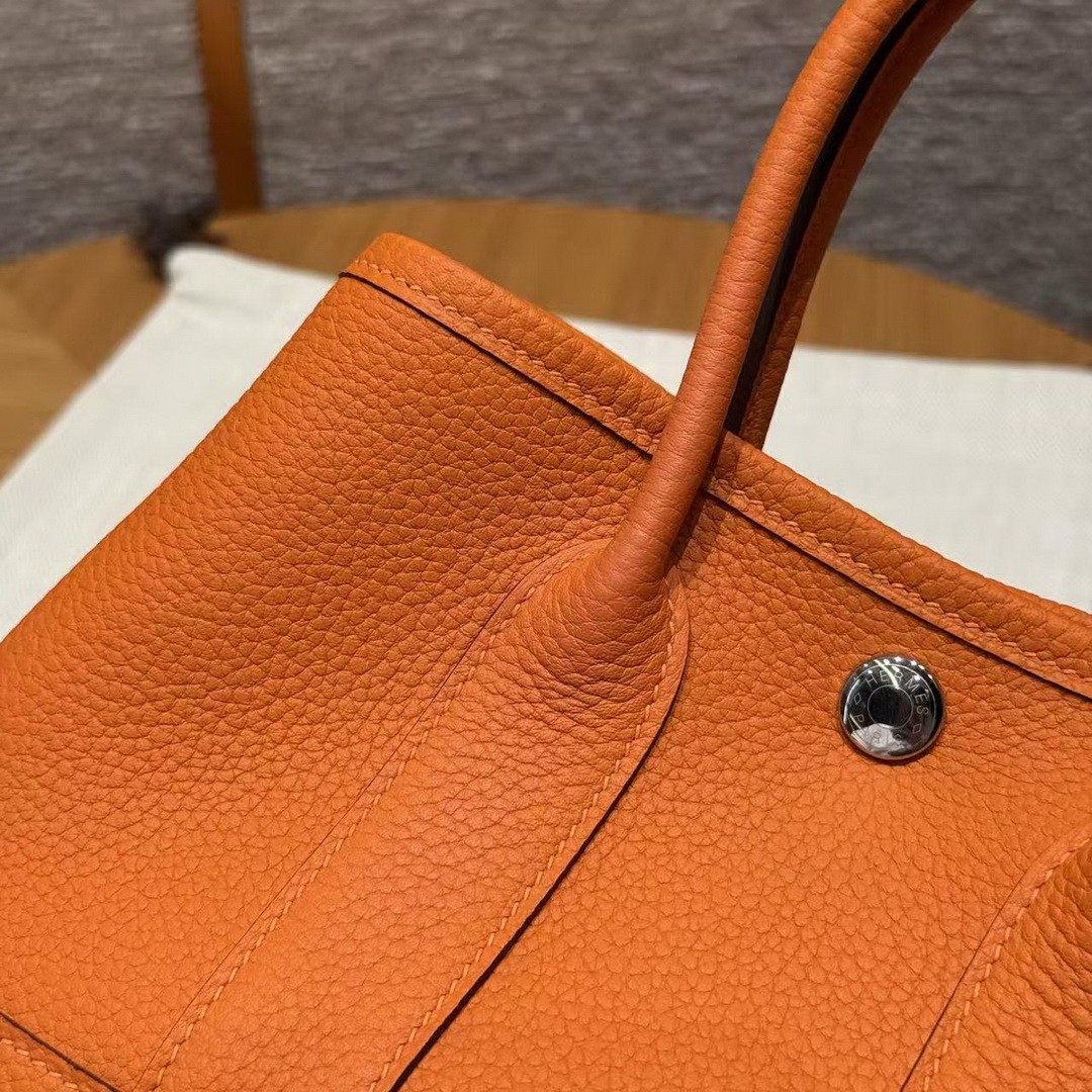 Hermes Neo Garden Party 23 Bag Handmade In Negonda Calfskin Leather Silver Hardware 93 Orange - Image 10