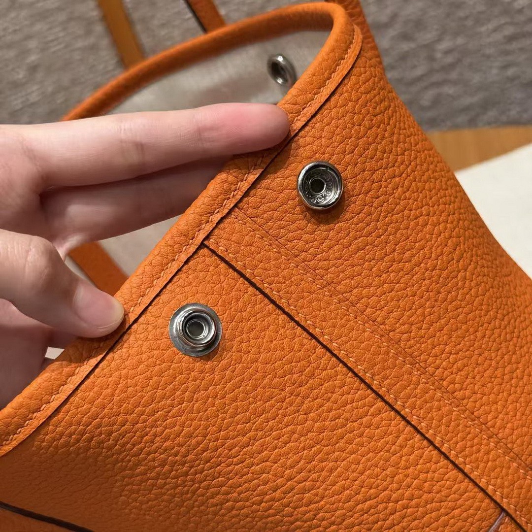 Hermes Neo Garden Party 23 Bag Handmade In Negonda Calfskin Leather Silver Hardware 93 Orange - Image 6