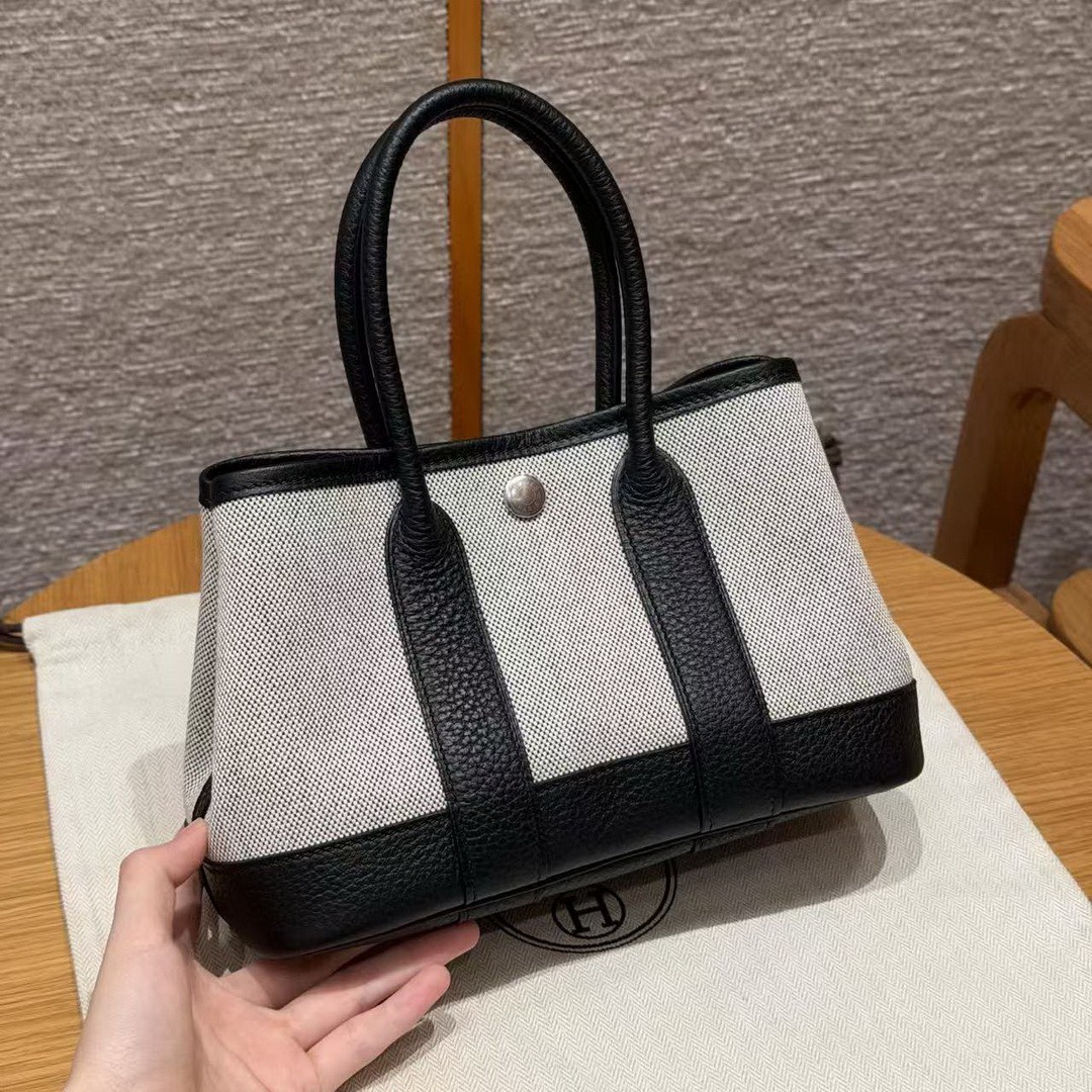 Hermes Neo Garden Party 23 Bag Handmade In Negonda Calfskin Leather And Canbas Silver Hardware Ecru Noir
