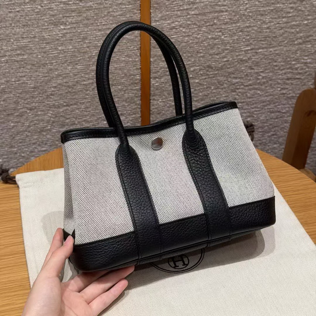 Hermes Neo Garden Party 23 Bag Handmade In Negonda Calfskin Leather And Canbas Silver Hardware Ecru Noir - Image 15