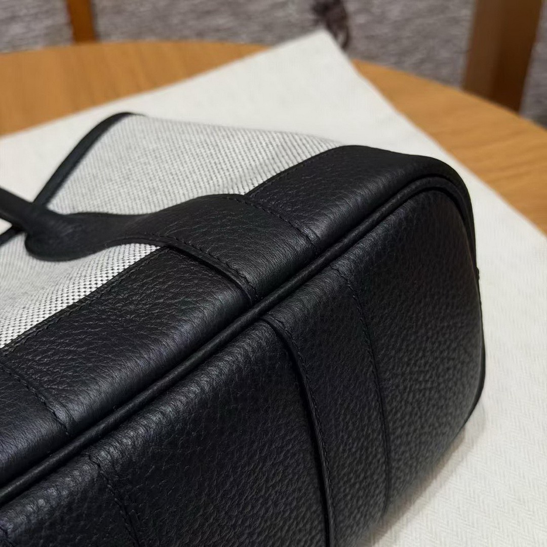 Hermes Neo Garden Party 23 Bag Handmade In Negonda Calfskin Leather And Canbas Silver Hardware Ecru Noir - Image 4