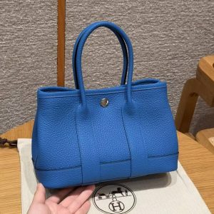 Hermes Neo Garden Party 23 Bag Handmade In Negonda Calfskin Leather Silver Hardware T7 Blue Hydra