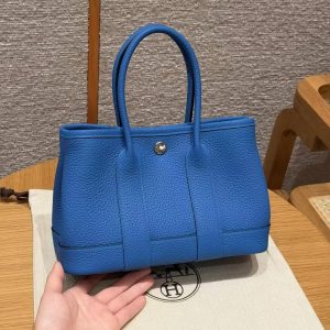 Hermes Neo Garden Party 23 Bag Handmade In Negonda Calfskin Leather Silver Hardware T7 Blue Hydra - Image 2