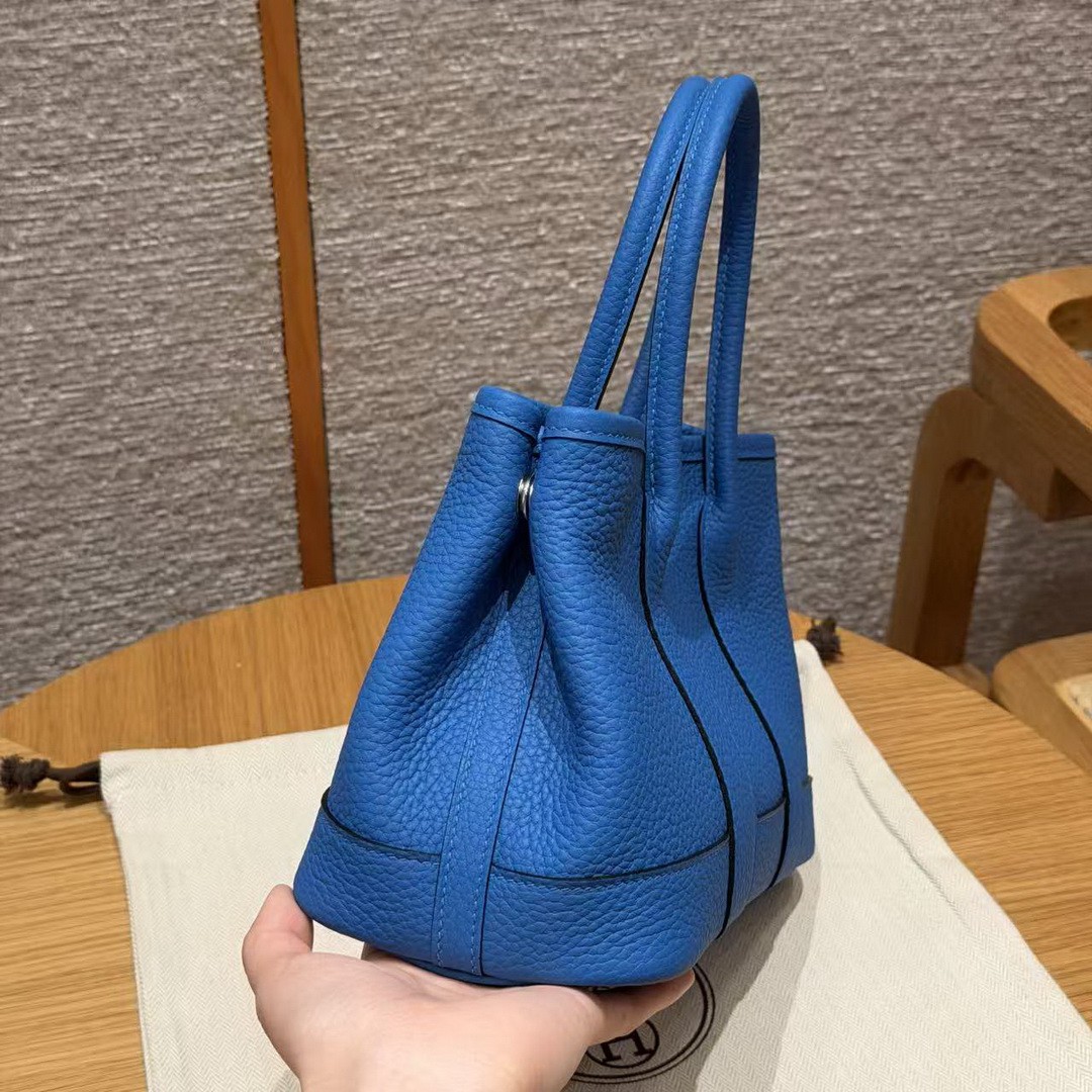 Hermes Neo Garden Party 23 Bag Handmade In Negonda Calfskin Leather Silver Hardware T7 Blue Hydra - Image 22