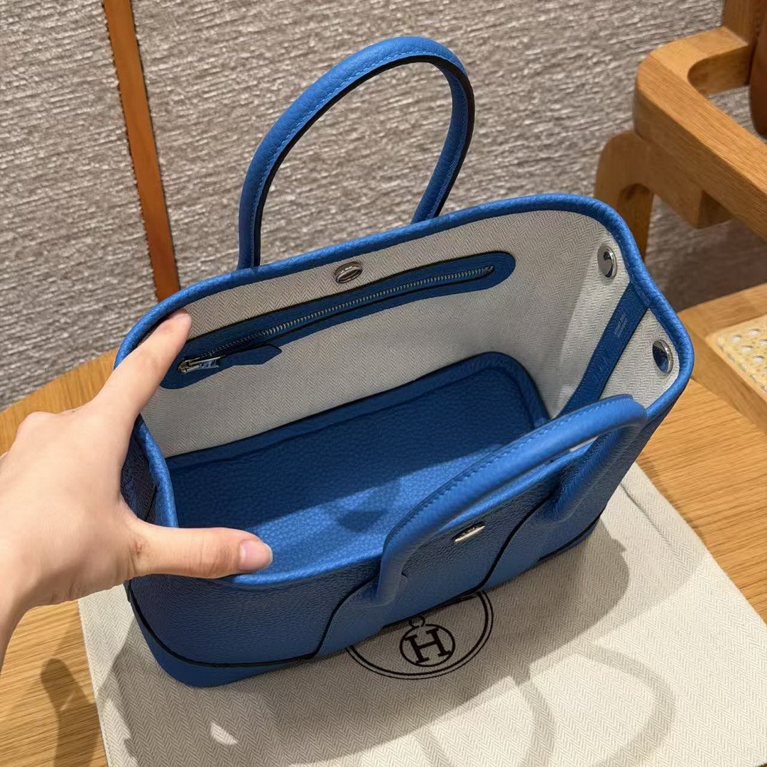 Hermes Neo Garden Party 23 Bag Handmade In Negonda Calfskin Leather Silver Hardware T7 Blue Hydra - Image 19