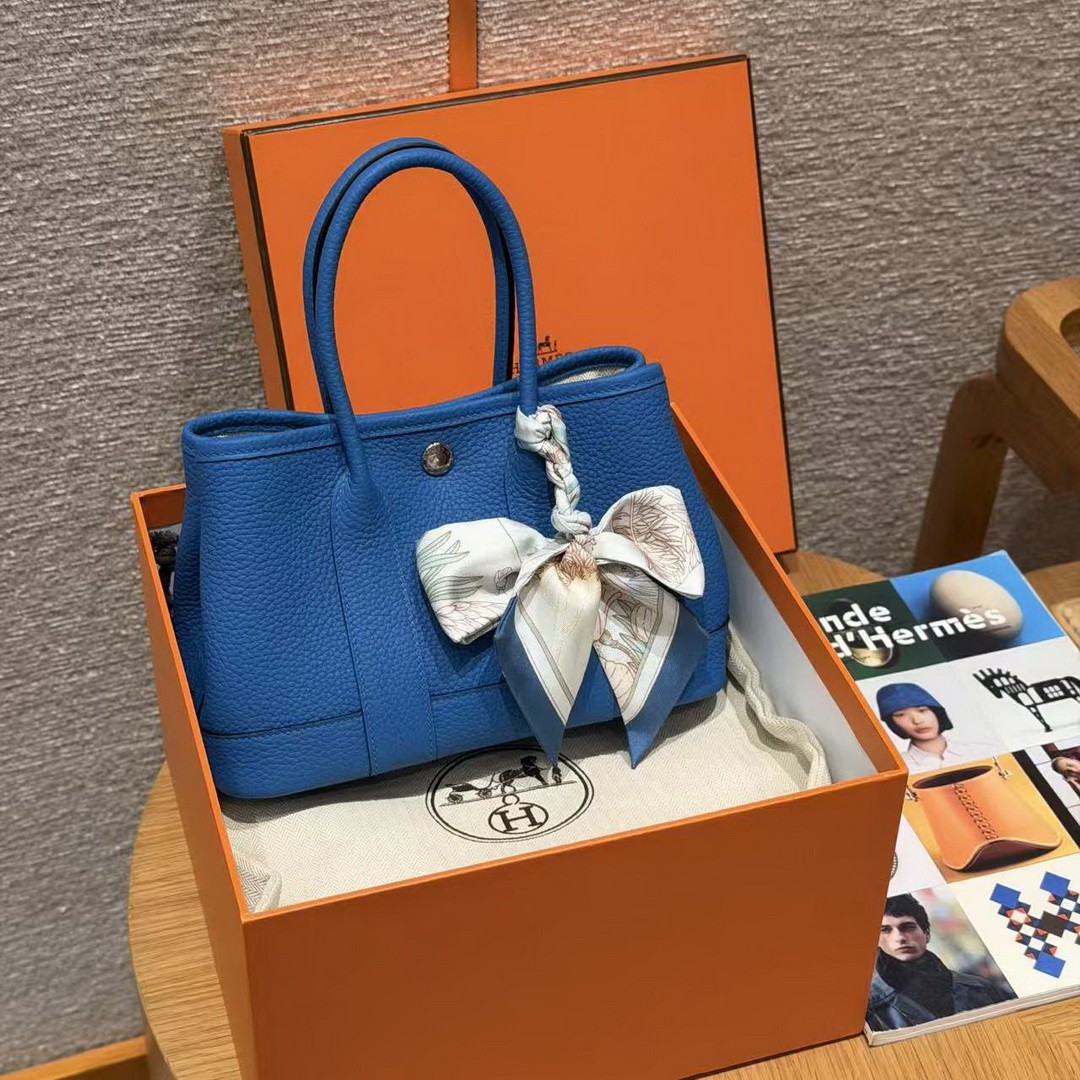 Hermes Neo Garden Party 23 Bag Handmade In Negonda Calfskin Leather Silver Hardware T7 Blue Hydra - Image 15