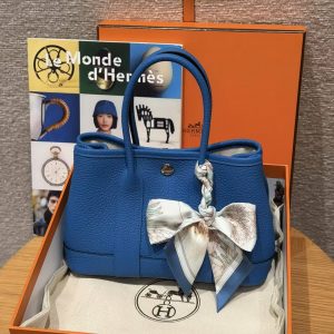 Hermes Neo Garden Party 23 Bag Handmade In Negonda Calfskin Leather Silver Hardware T7 Blue Hydra - Image 14