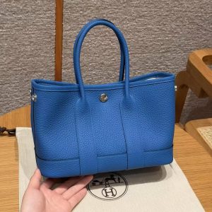 Hermes Neo Garden Party 23 Bag Handmade In Negonda Calfskin Leather Silver Hardware T7 Blue Hydra - Image 13