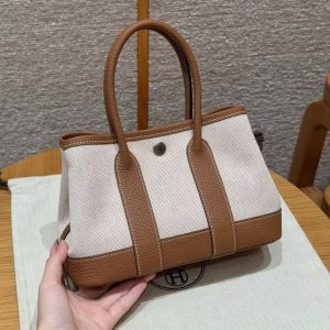 Hermes Neo Garden Party 23 Bag Handmade In Negonda Calfskin Leather And Canbas Silver Hardware Ecru Gold