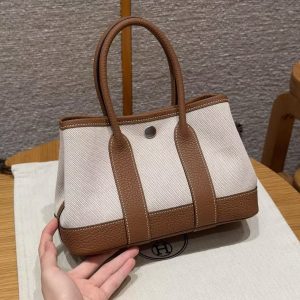 Hermes Neo Garden Party 23 Bag Handmade In Negonda Calfskin Leather And Canbas Silver Hardware Ecru Gold - Image 19