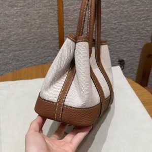 Hermes Neo Garden Party 23 Bag Handmade In Negonda Calfskin Leather And Canbas Silver Hardware Ecru Gold - Image 18