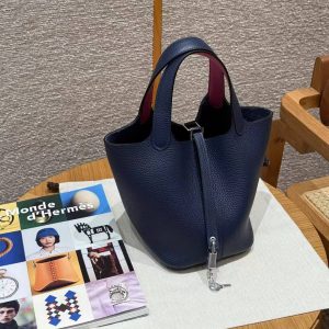 Hermes Picotin Lock 18 CM Bag Handmade In Taurillon Clemence Leather Silver Hardware 73 Blue Saphir L3 Rose Purple - Image 10