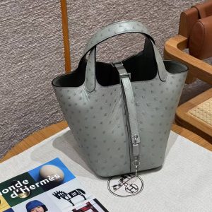 Hermes Picotin Lock 18 CM Bag Handmade In KK Ostrich Leather from South Africa Silver Hardware 8U Blue Glacier - Image 10
