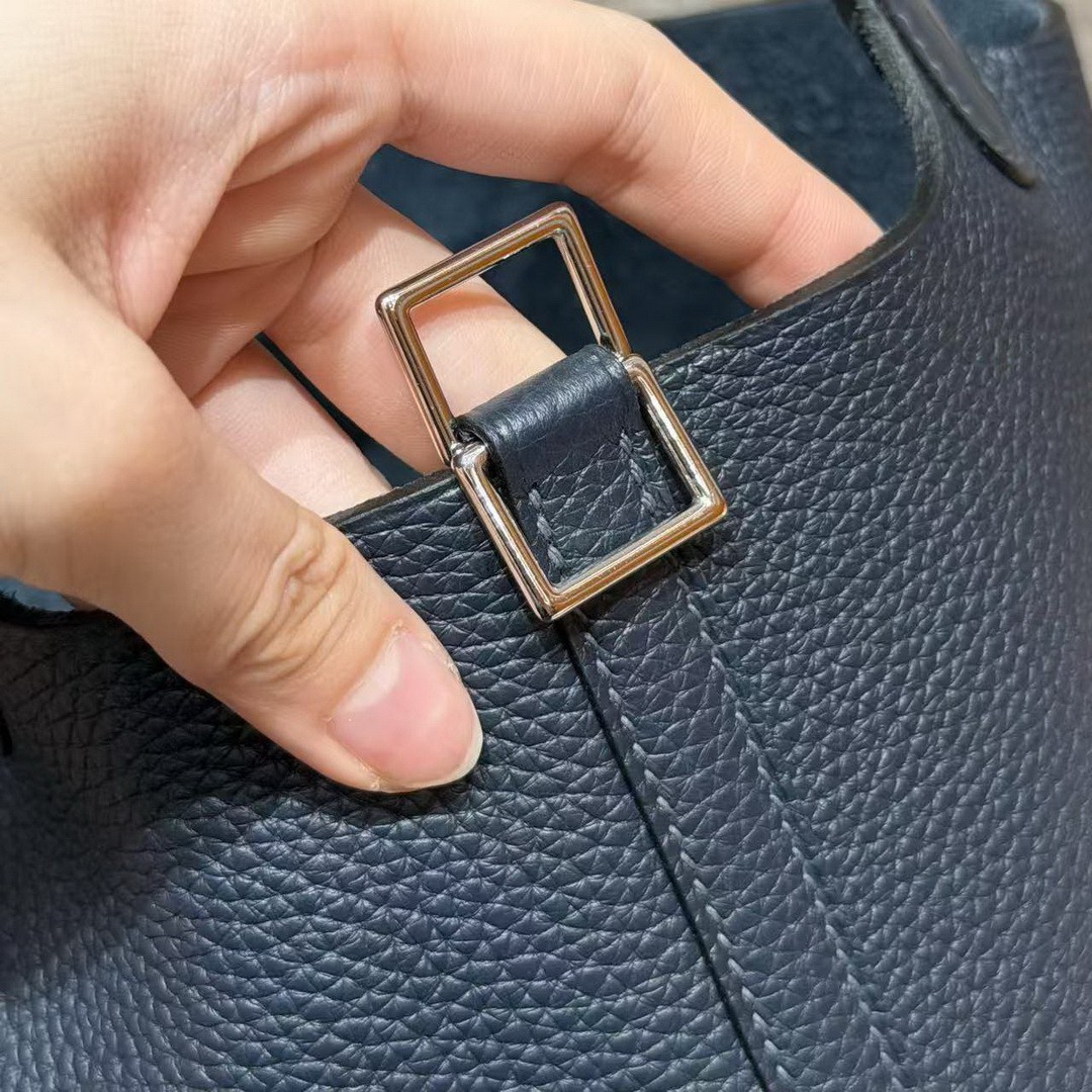 Hermes Picotin Lock 18 CM Bag Handmade In Taurillon Clemence Leather Matte Alligator Silver Hardware 2Z Blue Niut - Image 4