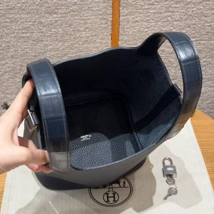 Hermes Picotin Lock 18 CM Bag Handmade In Taurillon Clemence Leather Matte Alligator Silver Hardware 2Z Blue Niut - Image 12