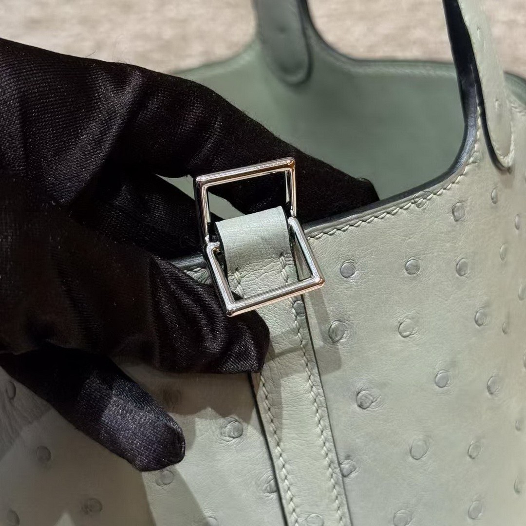 Hermes Picotin Lock 18 CM Bag Handmade In KK Ostrich Leather from South Africa Silver Hardware 8U Blue Glacier - Image 4