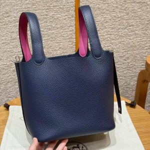 Hermes Picotin Lock 18 CM Bag Handmade In Taurillon Clemence Leather Silver Hardware 73 Blue Saphir L3 Rose Purple - Image 14