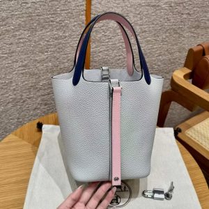 Hermes Picotin Lock 18 CM Bag Handmade In Taurillon Clemence Leather and Swift Silver Hardware 08 Blue Pale 3Q Rose Sakura 73 Blue Saphir - Image 12