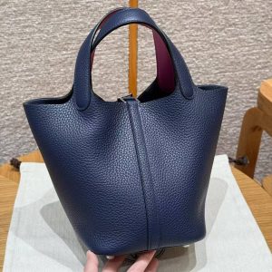 Hermes Picotin Lock 18 CM Bag Handmade In Taurillon Clemence Leather Silver Hardware 73 Blue Saphir L3 Rose Purple - Image 7