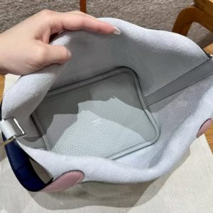 Hermes Picotin Lock 18 CM Bag Handmade In Taurillon Clemence Leather and Swift Silver Hardware 08 Blue Pale 3Q Rose Sakura 73 Blue Saphir - Image 10