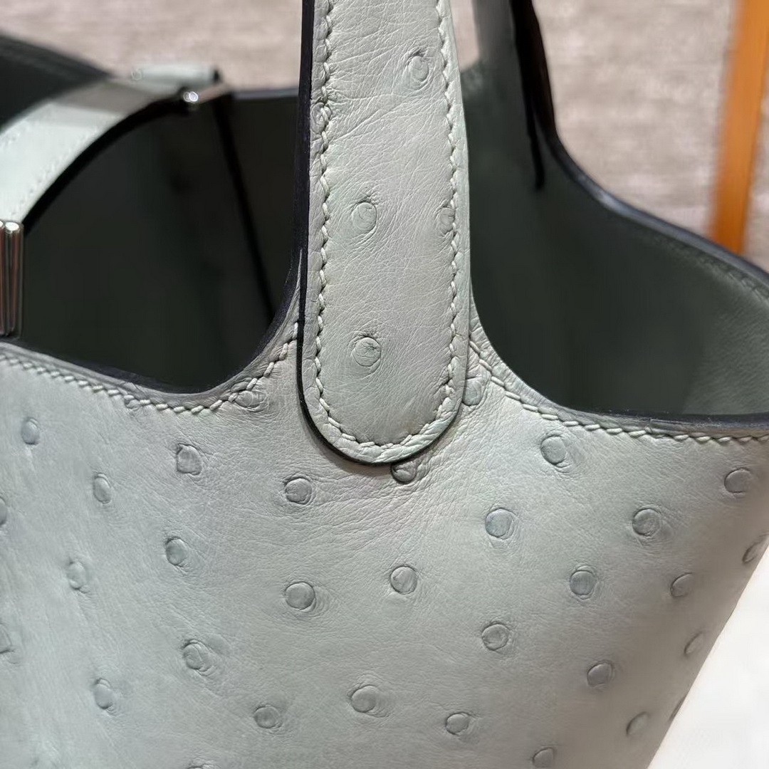 Hermes Picotin Lock 18 CM Bag Handmade In KK Ostrich Leather from South Africa Silver Hardware 8U Blue Glacier - Image 7