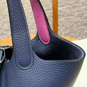 Hermes Picotin Lock 18 CM Bag Handmade In Taurillon Clemence Leather Silver Hardware 73 Blue Saphir L3 Rose Purple - Image 8