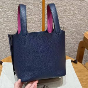Hermes Picotin Lock 18 CM Bag Handmade In Taurillon Clemence Leather Silver Hardware 73 Blue Saphir L3 Rose Purple - Image 13