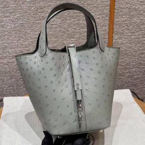 Hermes Picotin Lock 18 CM Bag Handmade In KK Ostrich Leather from South Africa Silver Hardware 8U Blue Glacier