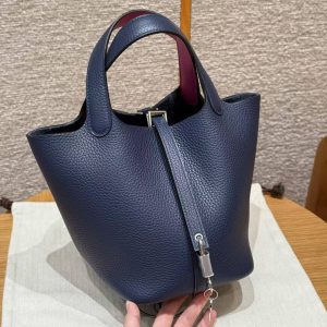 Hermes Picotin Lock 18 CM Bag Handmade In Taurillon Clemence Leather Silver Hardware 73 Blue Saphir L3 Rose Purple
