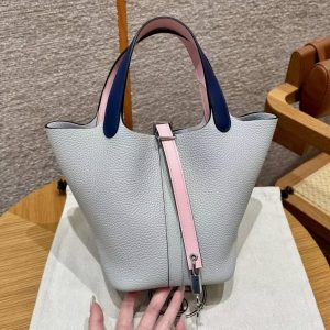 Hermes Picotin Lock 18 CM Bag Handmade In Taurillon Clemence Leather and Swift Silver Hardware 08 Blue Pale 3Q Rose Sakura 73 Blue Saphir