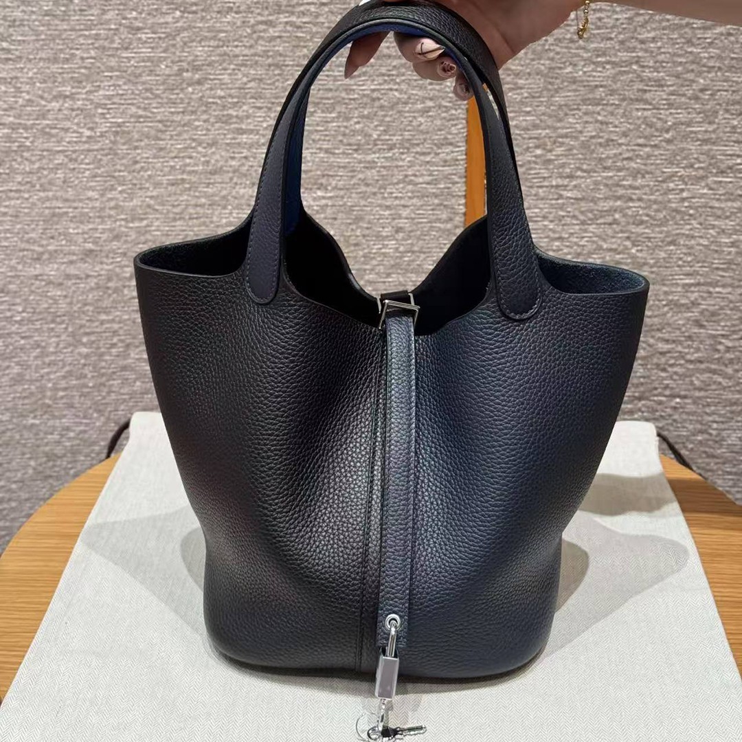 Hermes Picotin Lock 22 CM Bag Handmade In Taurillon Clemence Leather Gold Hardware 89 Noir 2Z Blue Niut T7 Blue Hydra