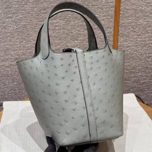 Hermes Picotin Lock 18 CM Bag Handmade In KK Ostrich Leather from South Africa Silver Hardware 8U Blue Glacier - Image 2